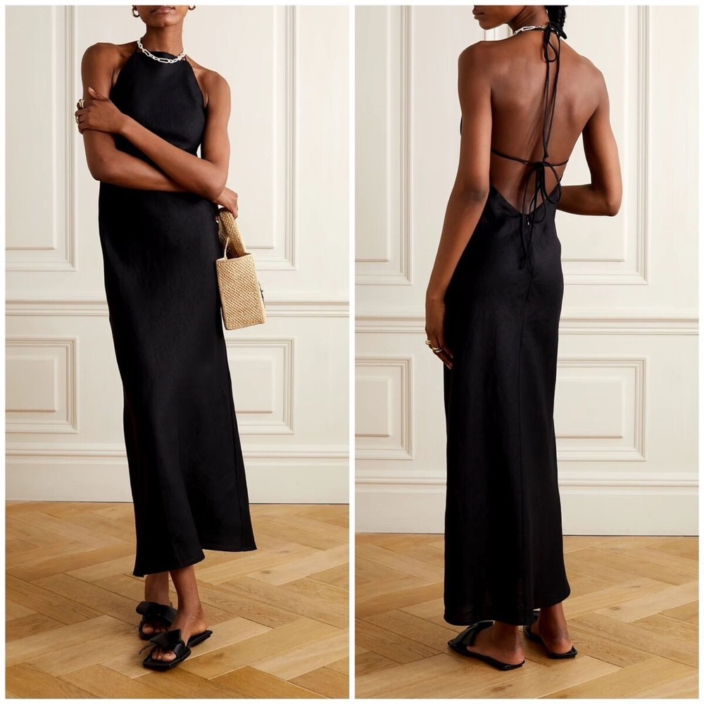 Reformation Small Selia Black Linen Maxi Dress Open Back